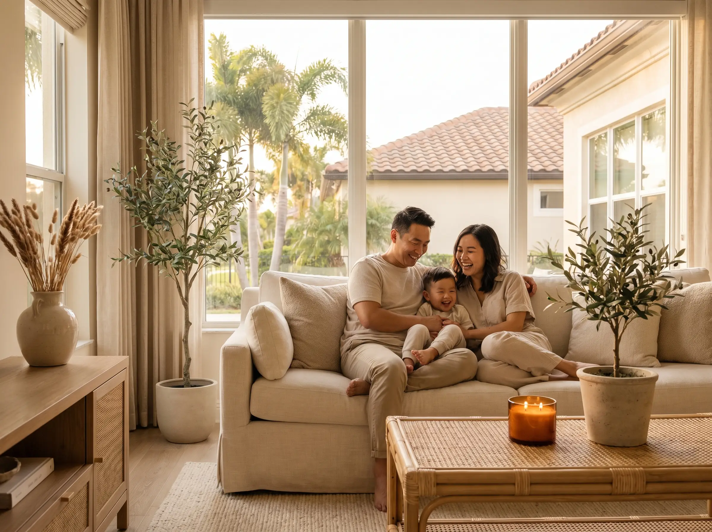 An Asian family with their toddler on the sofa of their bright new home