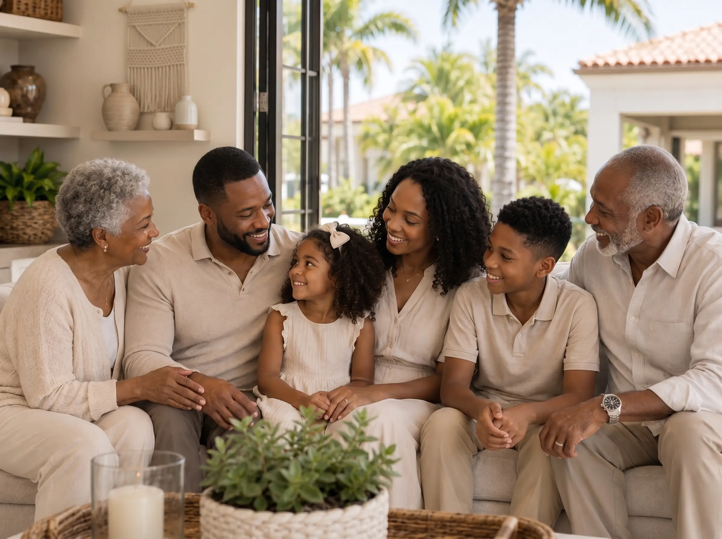 A Black family enjoying the sunlit interior of their South Florida home