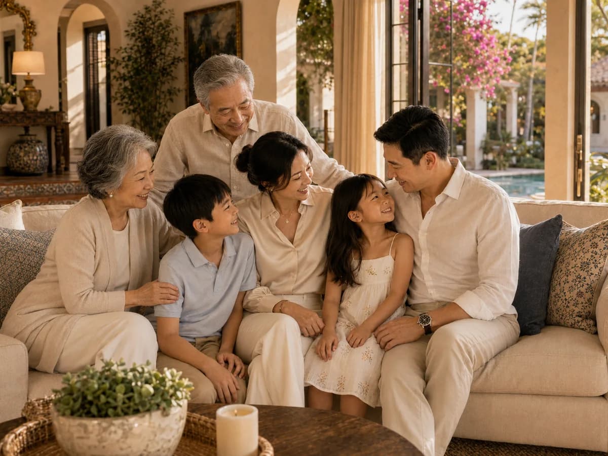 A multigenerational Asian family enjoying the evening on their South Florida patio by the water