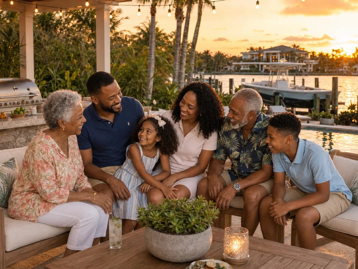 A multigenerational Black family gathered outside their South Florida waterfront home at sunset