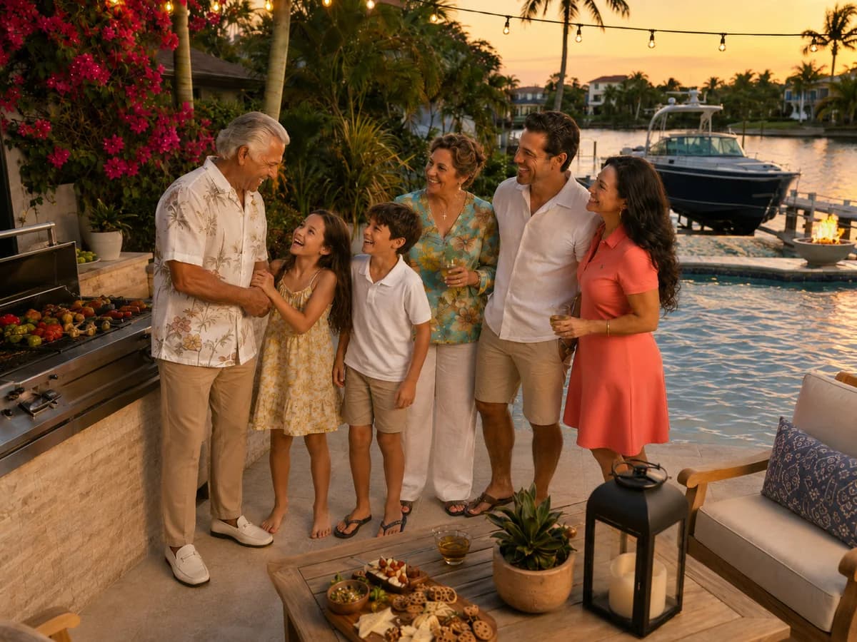Three generations of a Hispanic family together on their Intracoastal deck at golden hour in South Florida