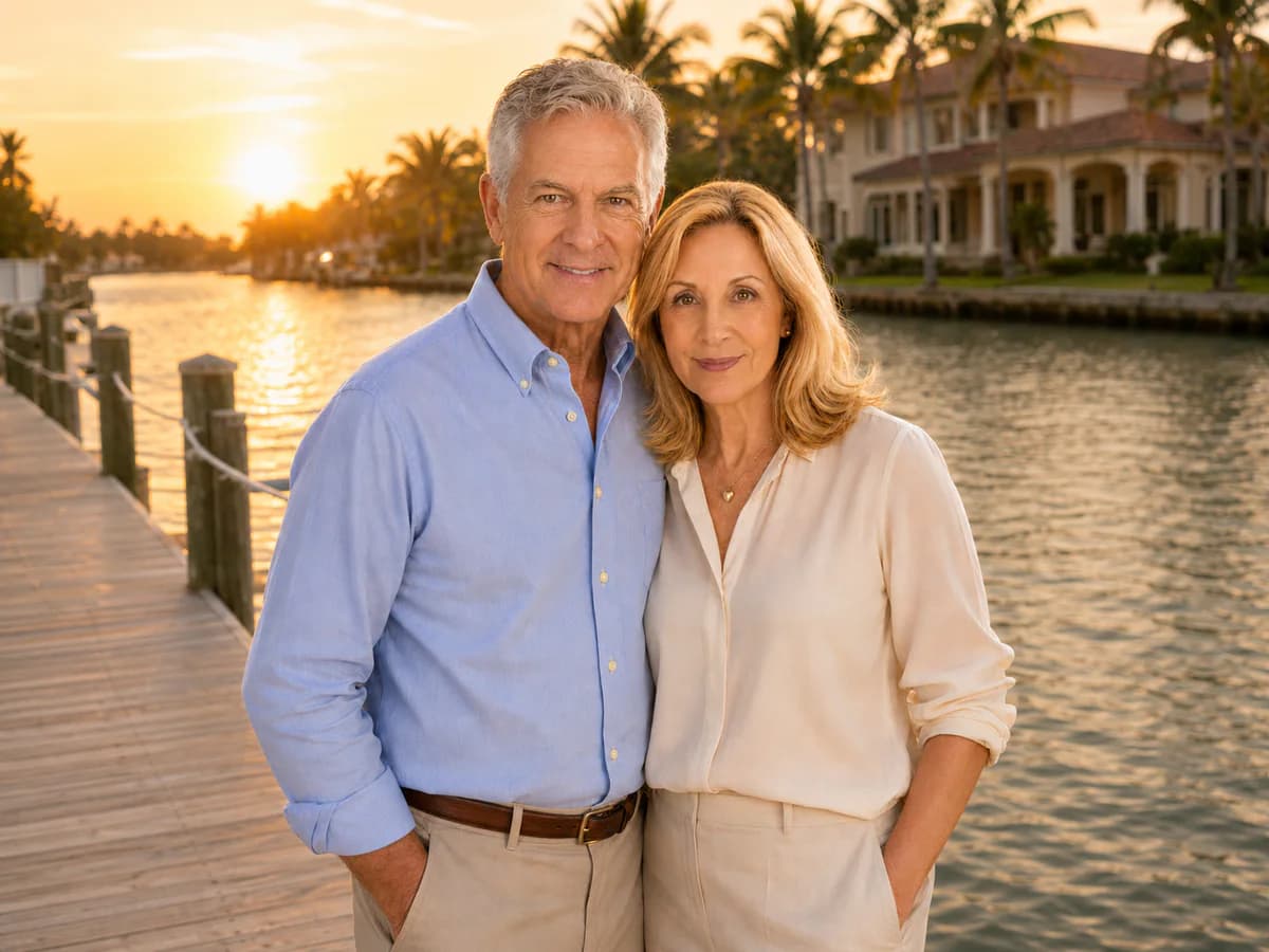 A retired couple on a dock along the Intracoastal Waterway at golden hour, their waterfront home behind them