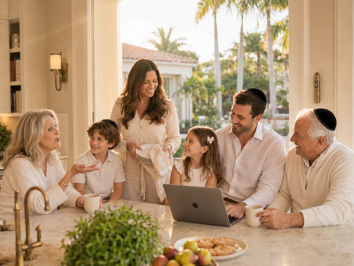 A multigenerational family on the deck of their Intracoastal home at dusk in South Florida