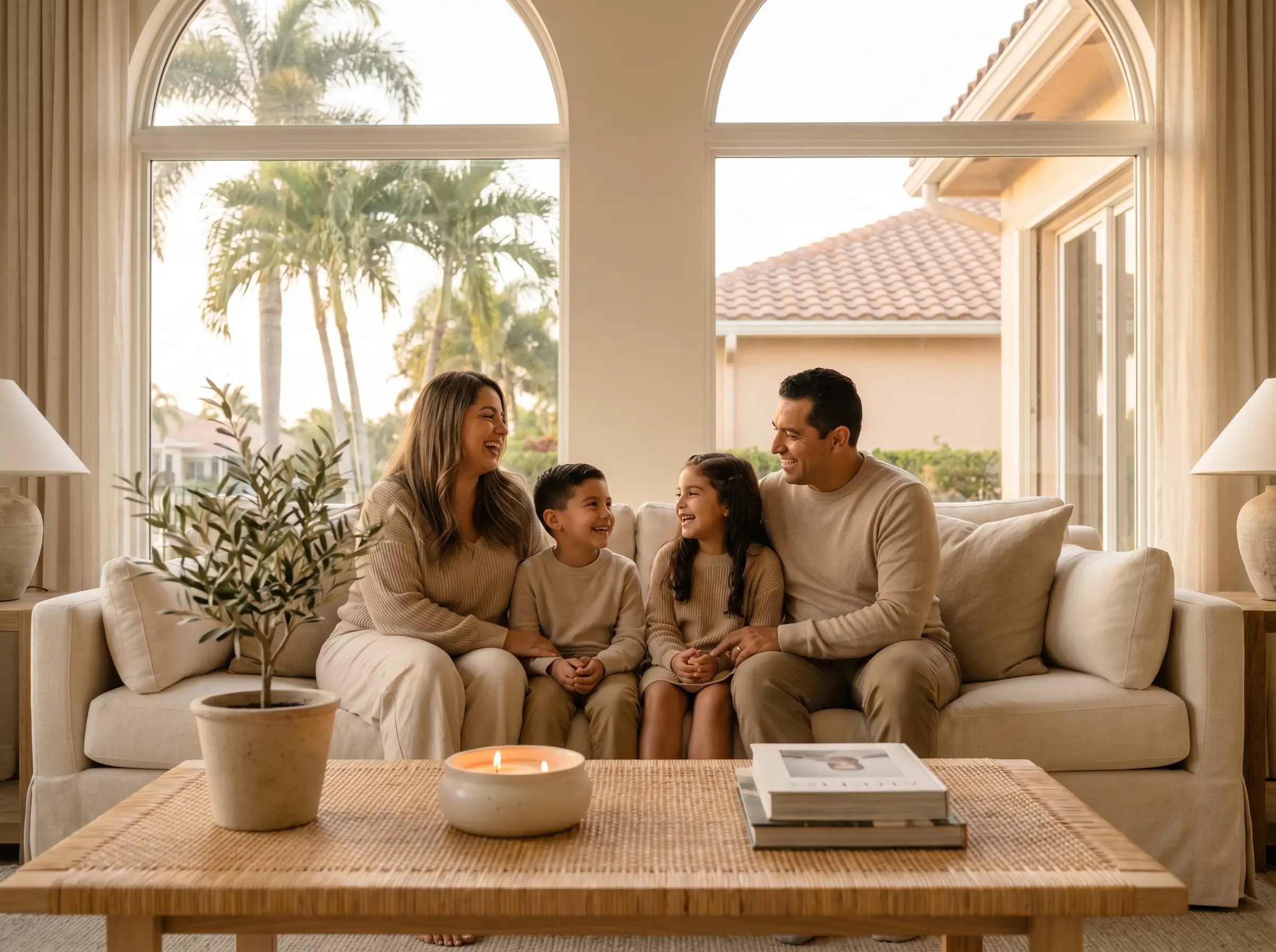 A Hispanic family settling into the bright living room of their new South Florida home