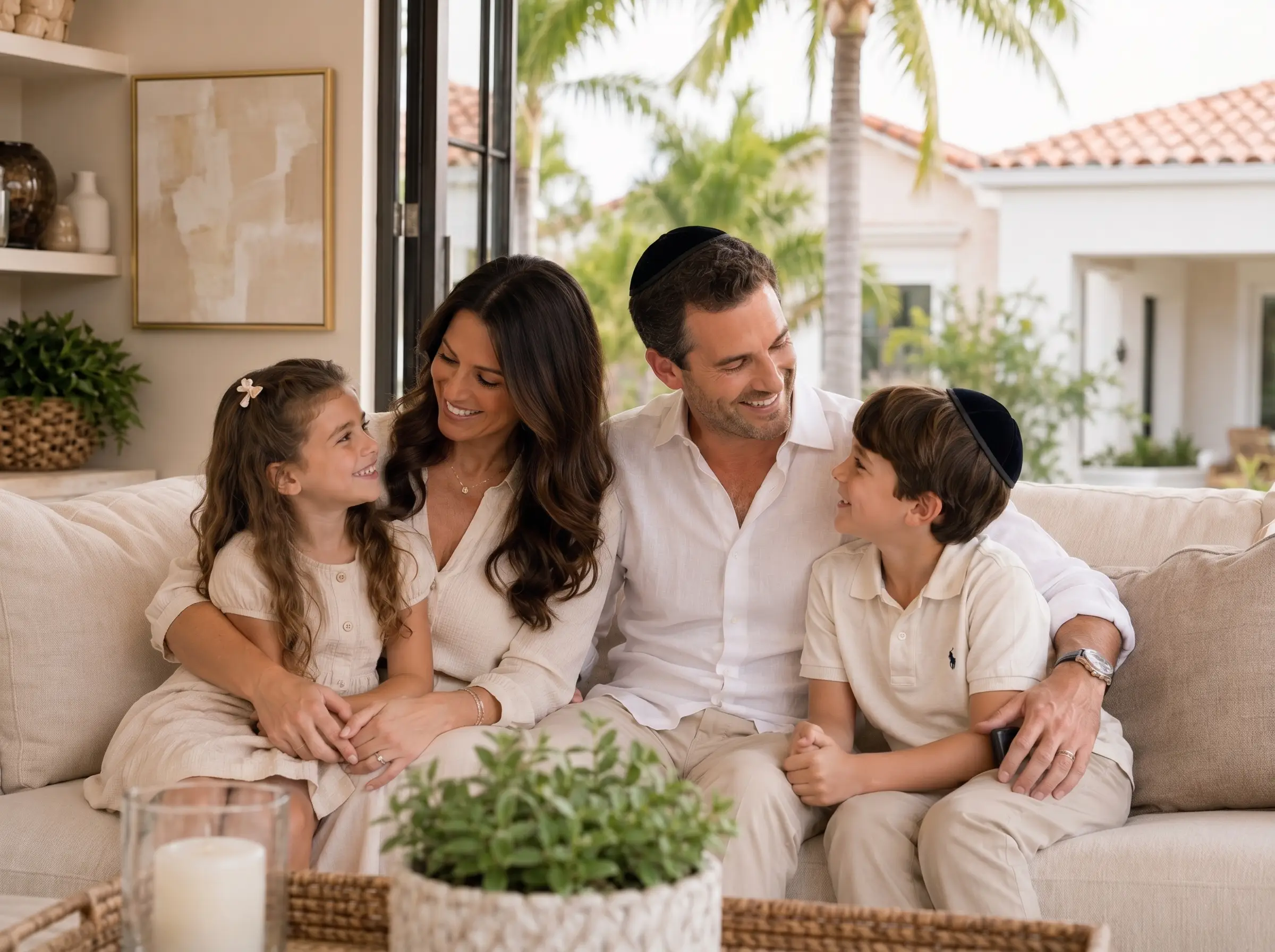 A family relaxing in the light-filled living room of their Florida home